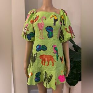 QUEEN OF SPARKLES Neon Green Girlies, Drinks, and Animals Dress